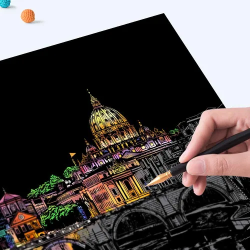 Vista 2 de Arte para rascar y bosquejar para niños y adultos, pintura arco iris, vista nocturna, rascador (A4), arte y manualidades, 4 hojas de tarjetas