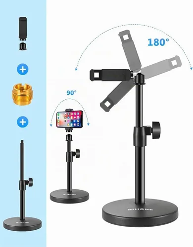 Vista 5 de Soporte de micrófono de escritorio 3 en 1, soporte de micrófono de mesa ajustable en altura Iron material, 1lbs Round Base, with Mic Clip, Cell