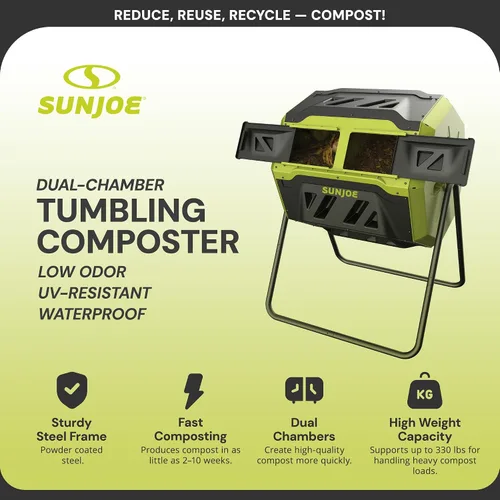 Vista 2 de Sun Joe SJ-CMPS1 - Contenedor de compostaje para exteriores con cámara dual de 360°, compostaje de 2 a 10 semanas, 42 galones, vaso de compostaje