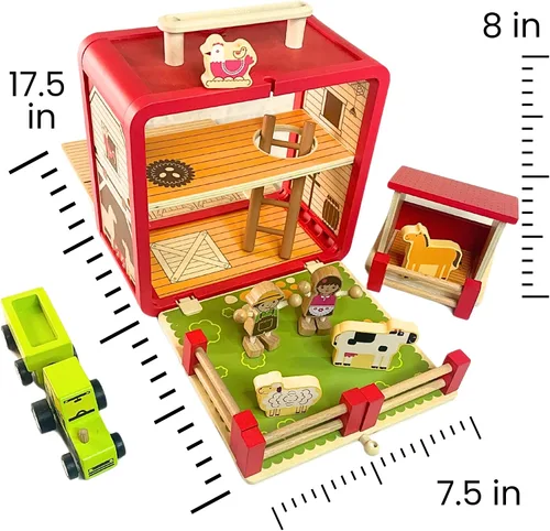 Vista 5 de Juego de granja de juguetes de madera – Los juguetes para niños pequeños incluyen funda de transporte portátil de granero, agricultores de gente