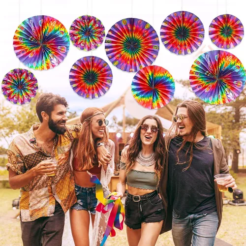 Vista 5 de Outus Suministros de fiesta de teñido anudado, diseño hippie, para decoración de aula, decoración de pared de techo de los años 60, letrero de paz