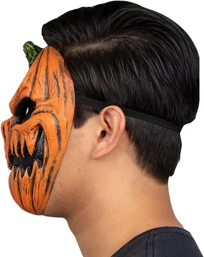 Vista 3 de Máscara de calabaza embrujada de Ghoulish Prodcutions. Máscara de calabaza naranja. Máscara de látex de calabaza aterradora. Máscara de látex