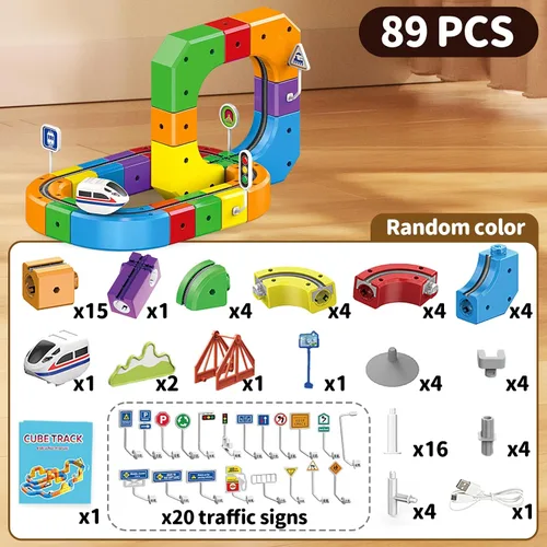Vista 2 de Juego de Pista de Tren Eléctrico Magnético, Pistas de Carrera Flexibles Anti-Gravedad 3D con Tren Motorizado y Señales de Tráfico, Juguete