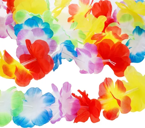 Vista 5 de Juego de 3 faldas de hierba para niños y niñas, falda elástica hawaiana de hierba con flores Leis para Luau Party Costume Set, Multicolorido
