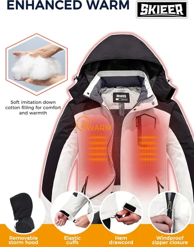 Vista 5 de Skieer Chaqueta de esquí impermeable para hombre, abrigo de snowboard de invierno con capucha, impermeable a prueba de viento