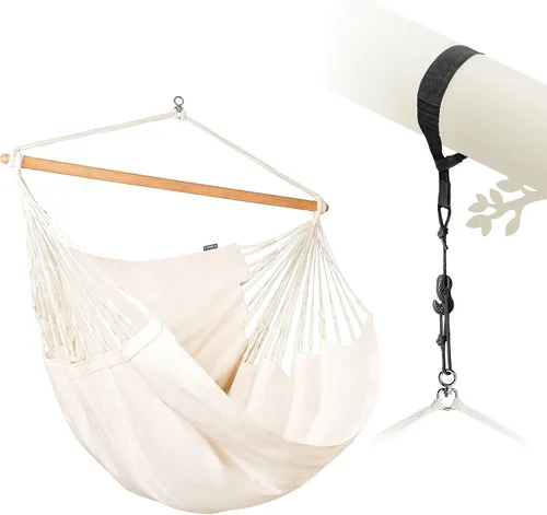 Vista 50 de LA SIESTA® - Silla Hamaca Grande y Cómoda de Algodón Habana & CasaMount - Silla Colgante con Kit de Suspensión para Paredes, Techos y Vigas Café