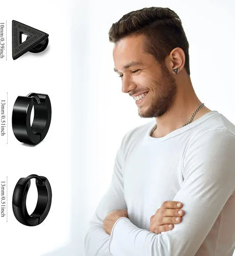 Vista 3 de Juego de 12 pares de aretes de acero inoxidable negros para hombre, aretes de aro punk, aretes negros para mujer, juego de aretes colgantes AMind4U
