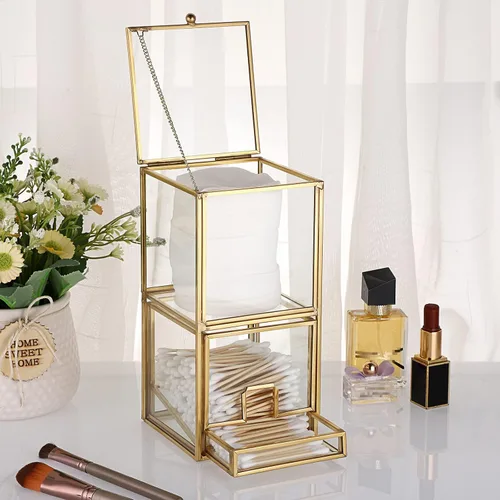 Vista 2 de Hipiwe Soporte Qtip de vidrio dorado con tapa, 2 compartimentos, bolas de algodón, organizador de hisopos, soporte de almohadillas redondas