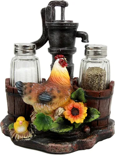 Vista 2 de Ebros Country Animal Farm Pollo gallina con pollitos por riego, barriles de bomba y girasoles, salero y pimentero, figura como cocina, comedor