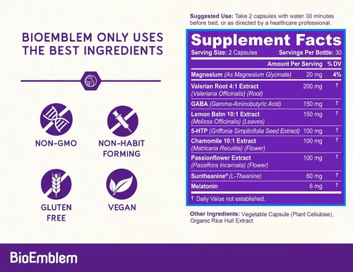 Vista 3 de BioEmblem Ayuda natural para dormir para adultos con melatonina, raíz de valeriana, suntheanina y más Suplemento para dormir saludable Pastillas