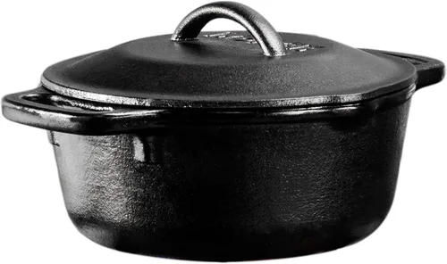 Vista 12 de Horno holandés doble y cacerola con cubierta que se puede usar como sartén. Producto Lodge L8DD3 de 5 cuartos, Cast Iron Horno holandés de hierro