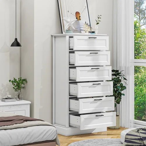 Vista 3 de biukpci Cómoda alta blanca de 6 cajones, cómoda vertical de madera para dormitorio, 140 cm de alto, cómodas modernas de lencería para armario, sala