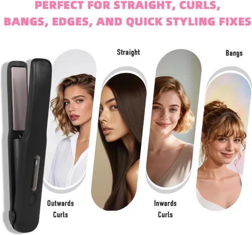 Vista 6 de Gosect Plancha de pelo inalámbrica, mini plancha plana de viaje recargable para mujeres, alisador y rizador de pelo portátil 2 en 1, calentamiento