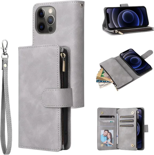Vista 16 de UEEBAI Funda tipo cartera para iPhone 12/iPhone 12 Pro, funda de cuero PU con cierre magnético Bolso con cremallera Estuche de bolsillo con Negro
