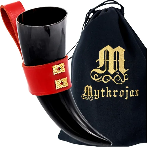 Vista 15 de Mythrojan Cuerno vikingo para beber 100% natural, auténtico, decoración de latón, cuerno nórdico con funda de cuero negro, bolsa de lona para vino