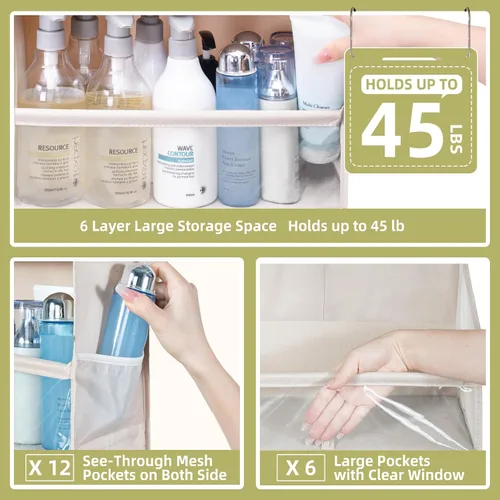 Vista 3 de Organizador de puerta con 6 bolsillos extra grandes, 12 bolsillos laterales, estante de almacenamiento resistente para armario, organizador de Beige