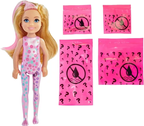Vista 6 de Muñeca Barbie Color Reveal con 6 sorpresas: 4 bolsas con falda o pantalón zapatos tiara y globo el agua revela el aspecto de la muñeca