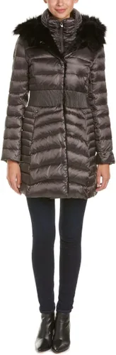 Vista 21 de Laundry by Shelli Segal womens Quilted Puffer Coat with Faux Fur-Trimmed Hood & Fit-and-Flare Waist Hueso