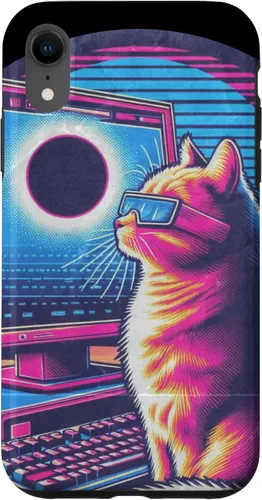 Vista 8 de iPhone 15 Cat Solar Eclipse - Synthwave Retro Poster Style Case