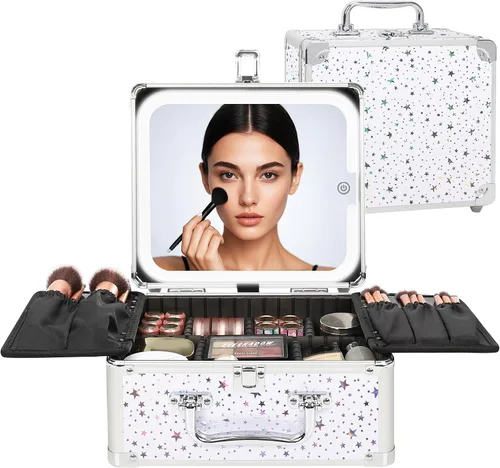 Vista 12 de Relavel - Bolsa de maquillaje con espejo LED, estuche de maquillaje para viajes en tren con espejo iluminado recargable y divisores ajustables Negro