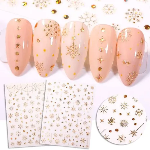 Vista 5 de 12 hojas de calcomanías de arte de uñas de copo de nieve de Navidad, suministros de uñas doradas, calcomanías de uñas de copo de nieve, copos