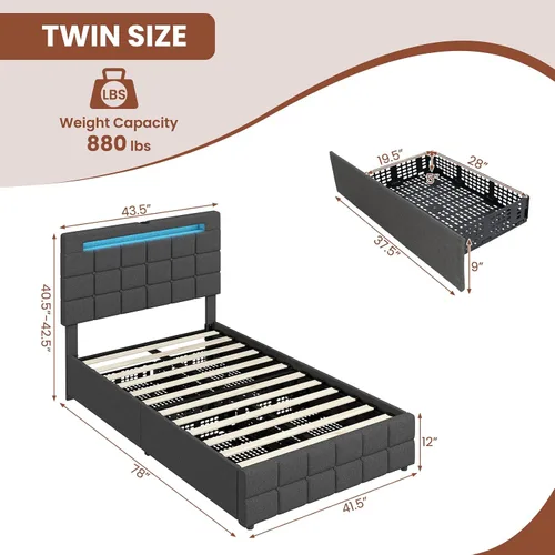 Vista 2 de Giantex Base de cama individual con luces LED y 4 cajones, base de cama de plataforma tapizada con puertos USB, diseño de cabecera ajustable