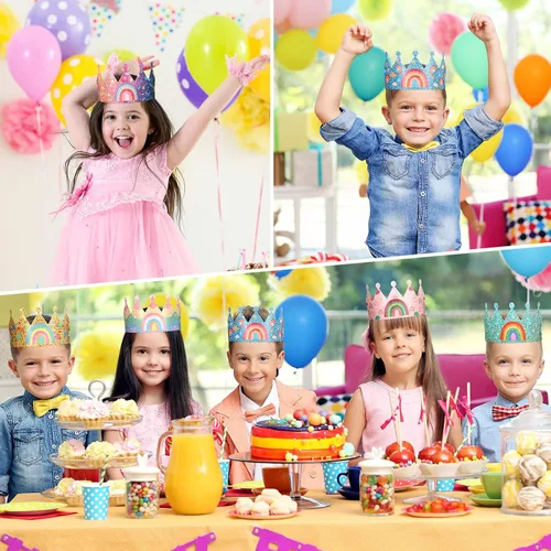 Vista 4 de Kathfly Sombreros de fiesta de cumpleaños arcoíris con corona de arco iris para cumpleaños de niños, eventos, suministros de fiesta temática de arco