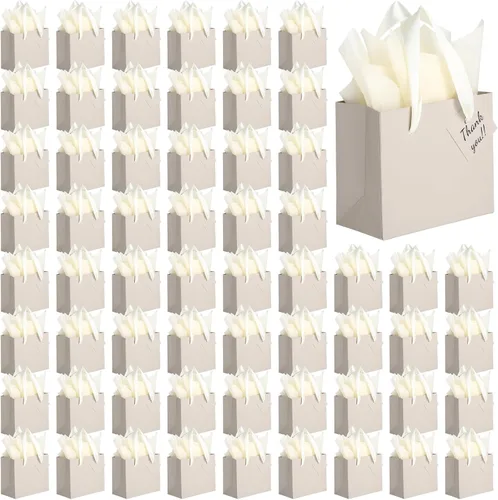 Vista 16 de Qilery 50 bolsas de regalo de papel de boda a granel con papel de seda, pequeñas bolsas de regalo con asa y etiquetas para cumpleaños, bodas