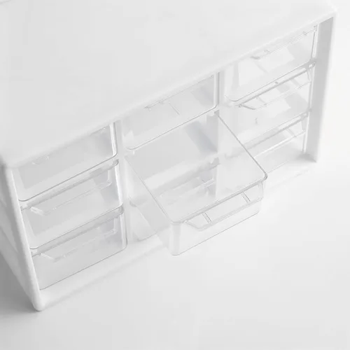 Vista 7 de 2 mini organizadores de cajones de plástico con 9 cajones transparentes, pequeños compartimentos de almacenamiento de escritorio blancos