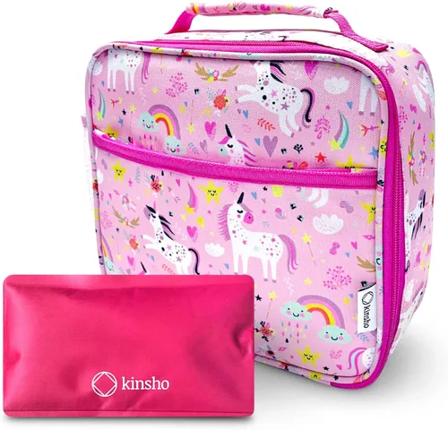Vista 2 de kinsho Paquete de lonchera Bento para niñas de 3 años en adelante, (unicornio rosa) + bolsa de almuerzo para niñas con paquete de hielo