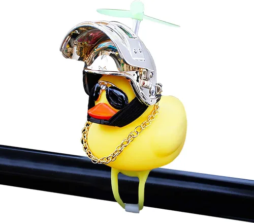 Vista 29 de wonuu Adornos de pato de goma para automóvil, decoración de tablero de instrumentos de pato amarillo, cuernos de bicicleta de pato con casco
