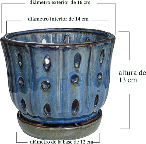 Vista 3 de Maceta redonda de orquídea de cerámica de 6 pulgadas con agujeros (azul oscuro)