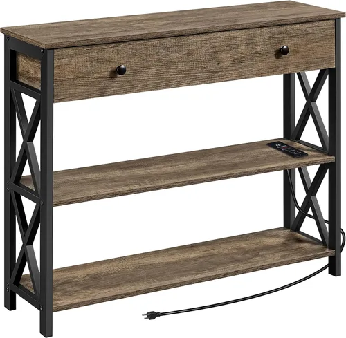 Vista 13 de Topeakmart Mesa consola de 40 pulgadas con 2 salidas y 2 puertos USB, mesa de entrada extra larga con cajón y diseño en forma de X, mesa de sofá Gris