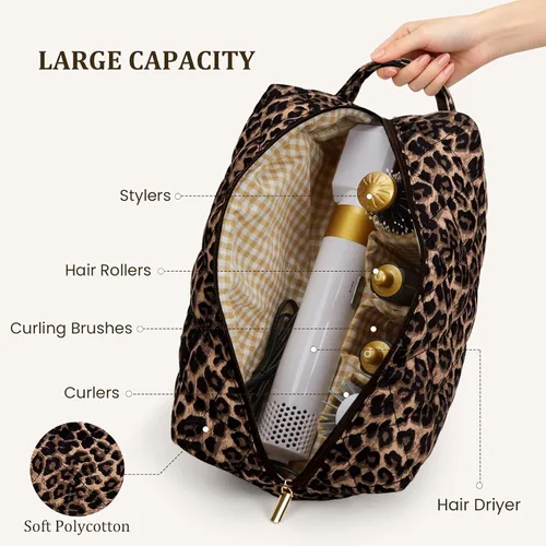 Vista 3 de Bolsa de viaje para herramientas para el cabello, compatible con Dyson Airwrap acolchada con estampado de leopardo, estuche de viaje para Shark