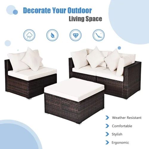 Vista 5 de HAPPYGRILL Juego de sofá de mimbre para patio de 4 piezas, moderno juego de sofá modular con cojines y almohadas lavables, juego de muebles de ratán