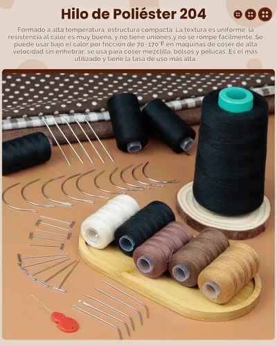 Vista 5 de FIVEIZERO 3 rollos de hilo de extensión de cabello con 30 agujas T/C/J/I utilizando, hilos de tejido de cabello negro, aguja para coser e hilo