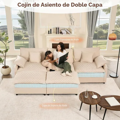 Vista 4 de GOSUHI - Sofá en forma de U de 108", sofá seccional modular, sofá de nube de 3 plazas con otomana móvil, sofás de asiento profundo para sala de Beige