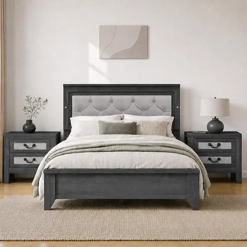 Vista 11 de KISLOT Base de cama LED tapizada con juego de mesitas de noche, color crema