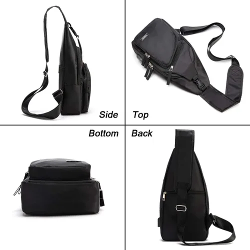 Vista 4 de Sling Bag Sling Mochila Crossbody Mochila Pecho Bolso Hombro Puerto Cargador USB, Negro -, Mochila tipo bandolera