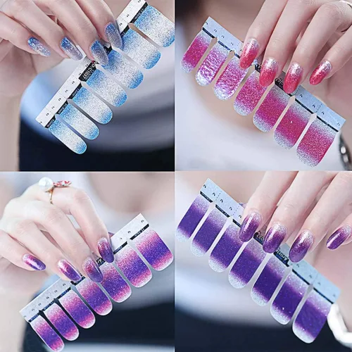 Vista 4 de 14 Hojas de Pegatinas para Uñas con Brillo Degradado de Color, Envolturas Completas de Esmalte con Brillo, Tiras Adhesivas de Arte de Uñas