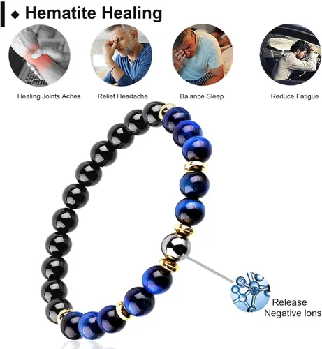 Vista 4 de Pulsera de triple protección de buena suerte, para hombres y mujeres, ojo de tigre azul, obsidiana negra, hematita, riqueza, prosperidad, felicidad