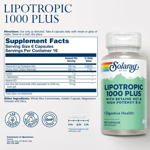 Vista 2 de SOLARAY Lipotropic 1000 Plus Cápsulas Vitaminas 100 Recuento