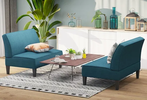 Vista 7 de Sofá biplaza pequeño, mini sofá azul, banco tapizado con respaldo para sala de estar, dormitorio, oficina, sin brazos