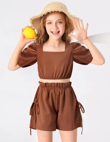 Vista 2 de BAVADER Conjunto de ropa para niña, 2 piezas, con cuello cuadrado, manga abombada, pantalones cortos con bolsillo con cordón para verano