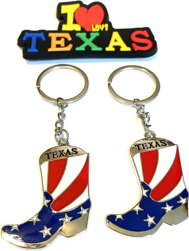 Vista 5 de Juego de 2 llaveros de recuerdo de Texas con imán para nevera con texto en inglés "I Love Texas", Diseño de horizonte de Dallas, Mediana