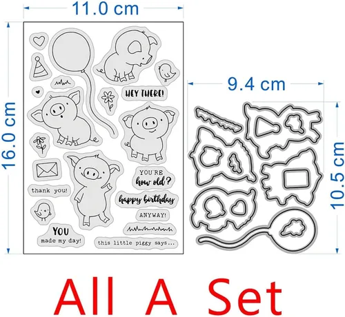 Vista 2 de Juego de sellos y troqueles de cerdo de feliz cumpleaños para hacer tarjetas, sellos transparentes y troqueles de corte de metal para álbumes