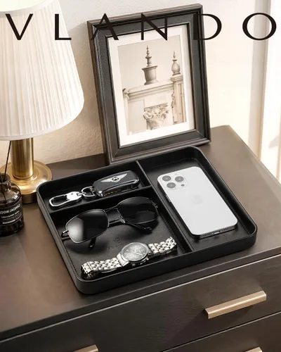 Vista 7 de VLANDO Valet Tray, PU Leather Nightstand Organizer with Divider Black