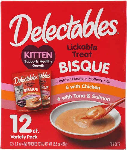 Vista 12 de Delectables Bisque Kitten - Golosinas húmedas para gatos, atún y pollo (paquete de 12) (el embalaje puede variar)