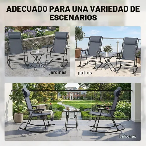 Vista 6 de Outsunny Juego de 3 piezas de mesa mecedora para exteriores, juego de mesa plegable para patio con mesa de centro de cristal para patio, terraza