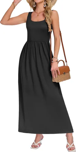 Vista 5 de AUSELILY Vestido largo con cuello cuadrado para mujer, sin mangas, floral, holgado, con bolsillos